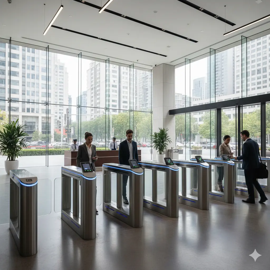 Premium flap barriers used at commercial tower entrance for secured access