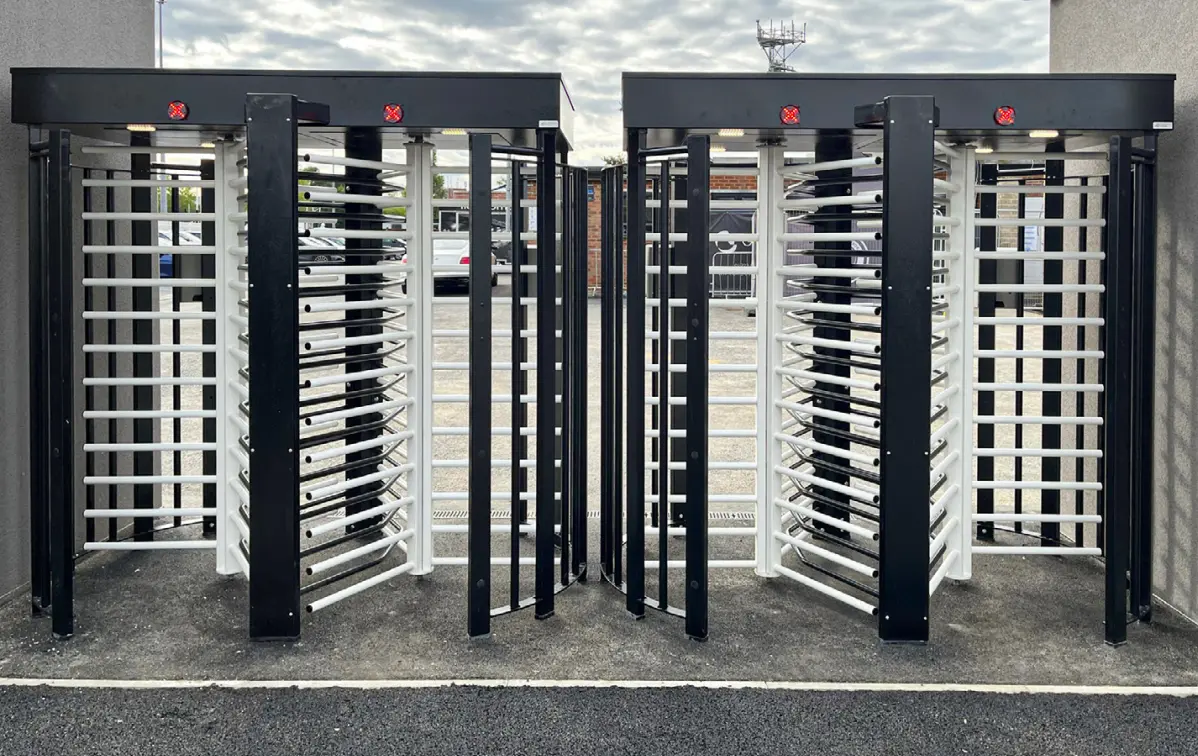 Robust full height turnstiles installed at commercial complex for high-security access control