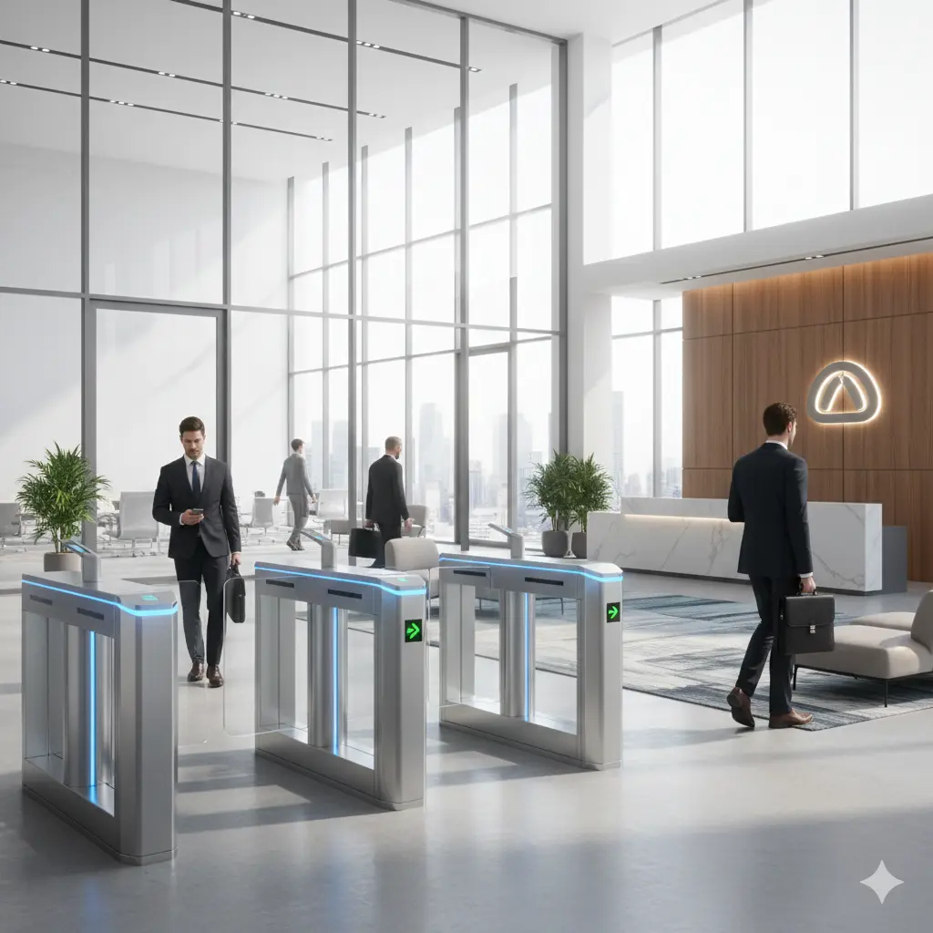 Speed gate turnstile installed in corporate office lobby for fast and secure pedestrian access