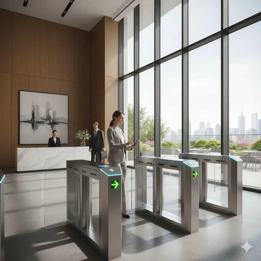 High-speed speed gate turnstile installed at residential tower entrance lobby