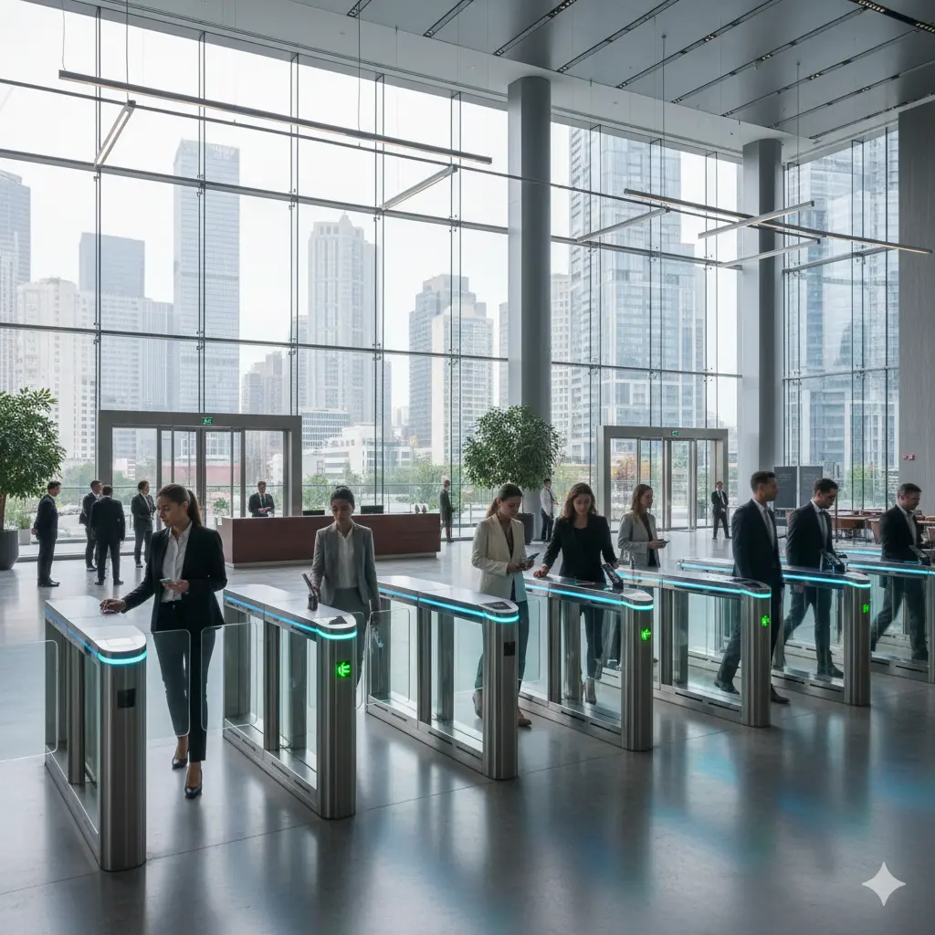 Premium speed gate turnstiles installed at commercial complex for high-traffic lobby management