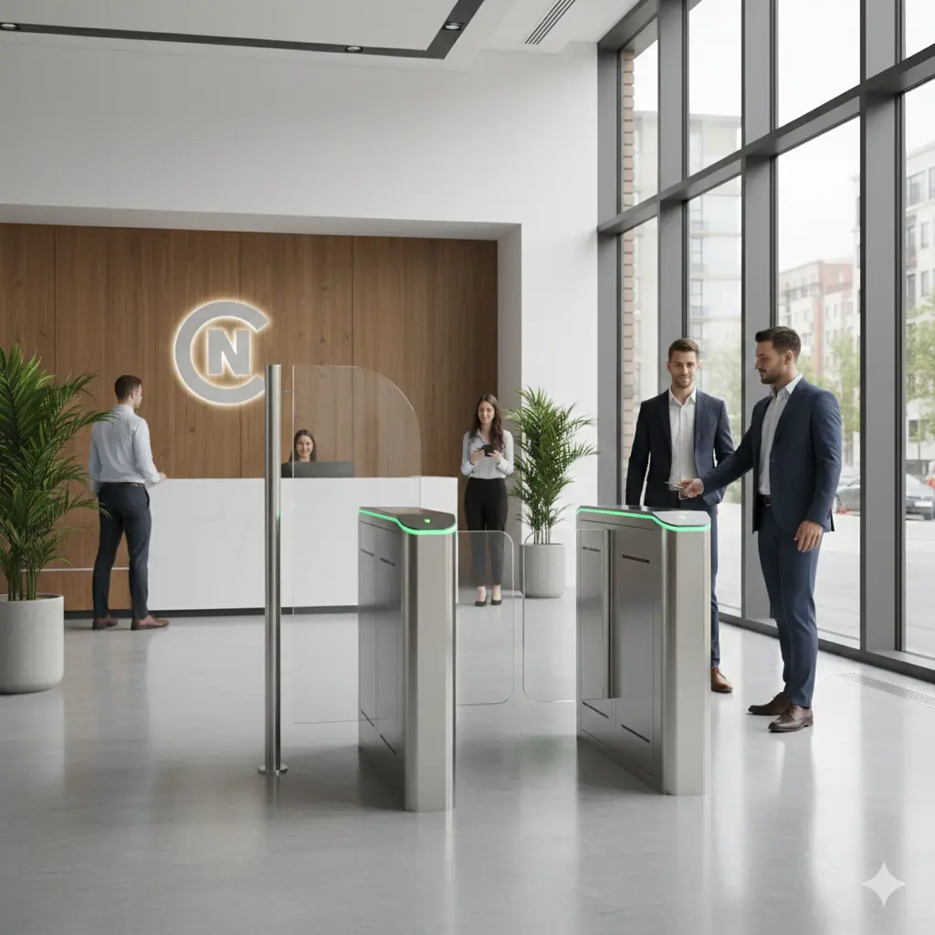 Swing gate turnstile installed at corporate office lobby for smooth pedestrian access control