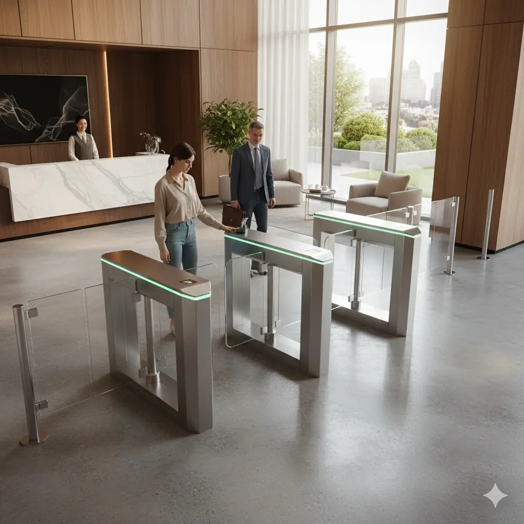 Motorized swing gate turnstile installed at residential tower lobby for secure entry