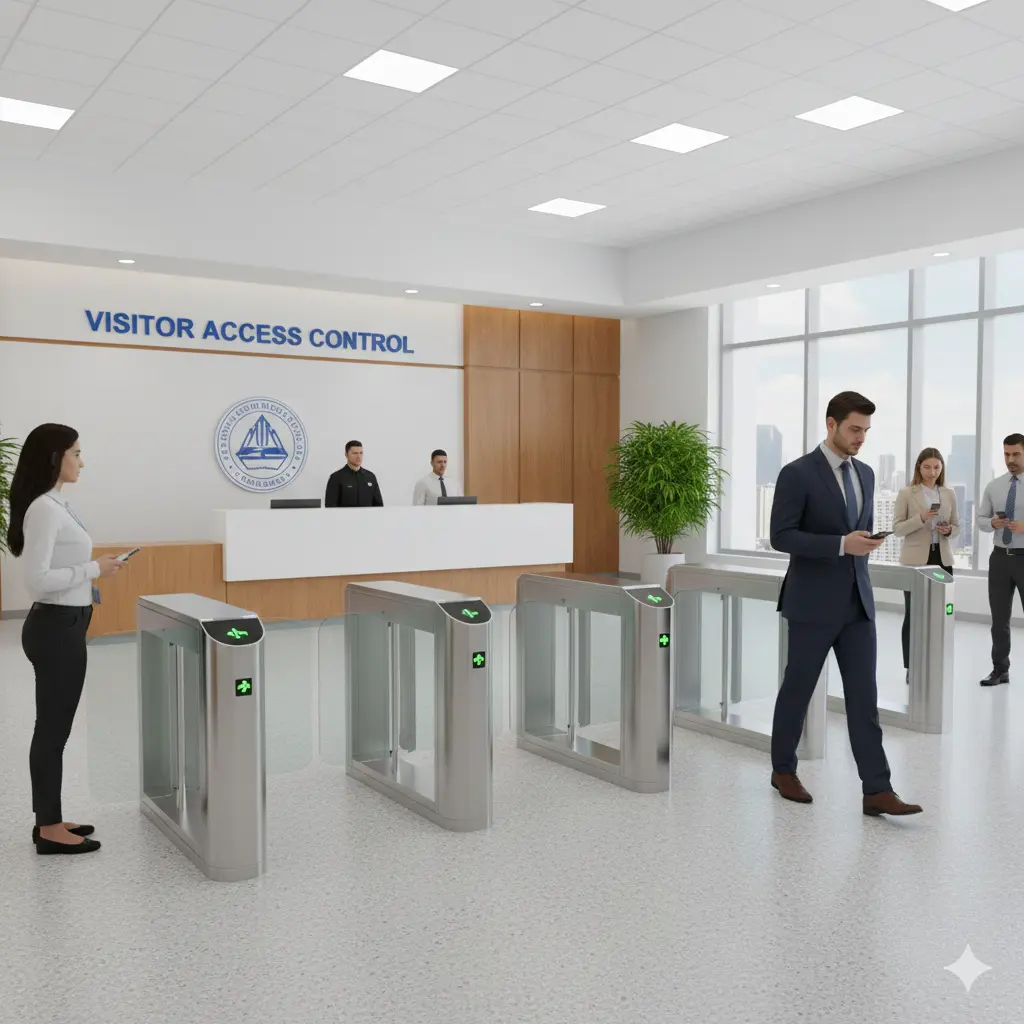 Swing gate access turnstile system deployed at government facility visitor management area