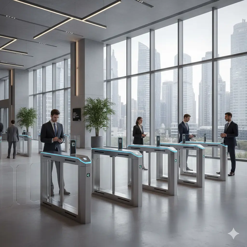 Premium swing gate turnstiles used at commercial complex entrance for bi-directional entry control