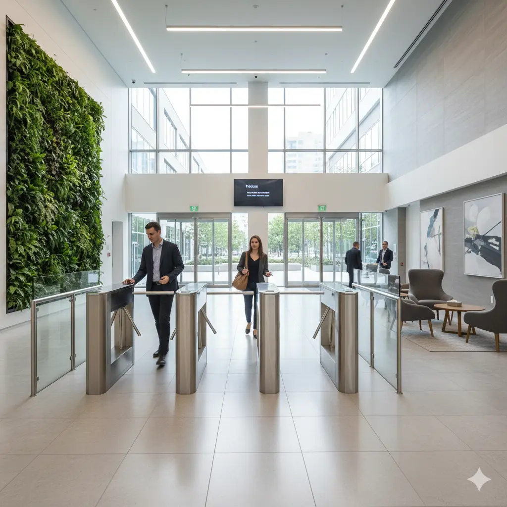 Tripod turnstile deployed at commercial complex entry lobby
