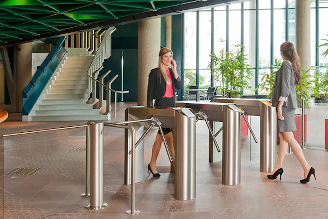 Tripod turnstile system at corporate campus entrance